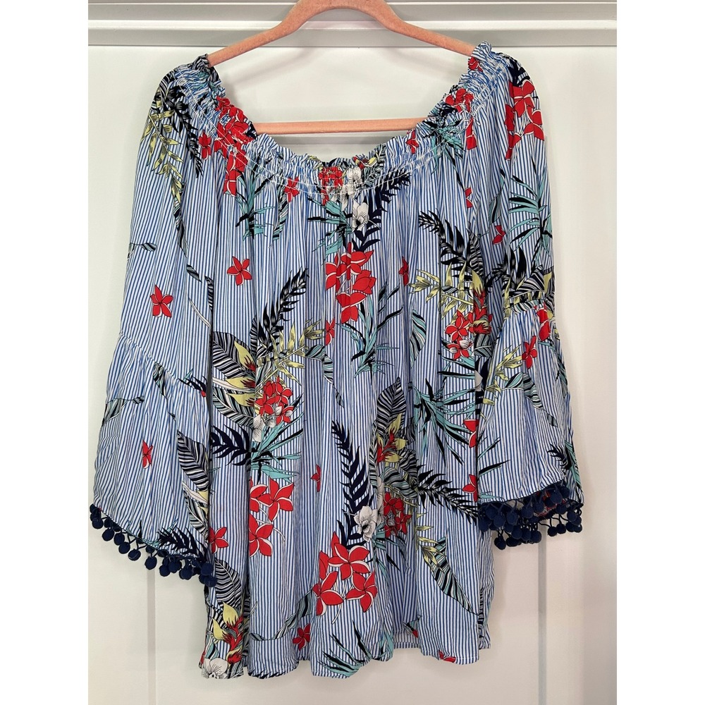 Grand Greene 1X Blue Stripe Floral Bell Sleeve Off Shoulder Tropical‎ Vacation